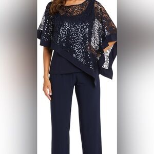 R&M Richards Navy Lace Overlay Pantsuit